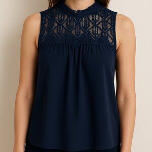 $49 NEW W/ TAGS Lily White Navy Lace Sleeveless Blouse L Boho Cottagecore Retro
